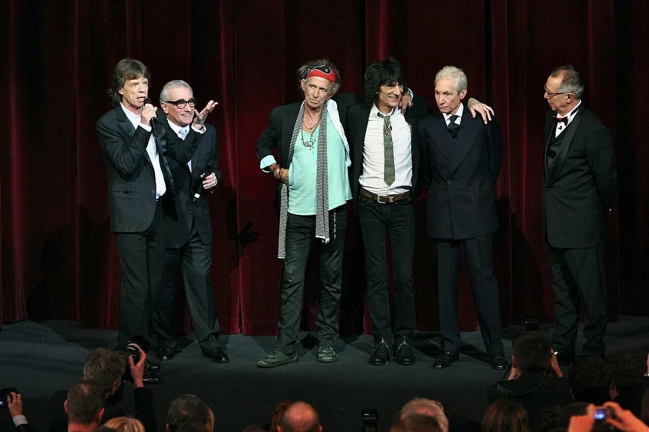 From left to right: Mick Jagger, Martin Scorsese, Keith Richards, Ron Wood, Charlie Watts and Berlinale director Dieter Kosslick before the world premiere of th