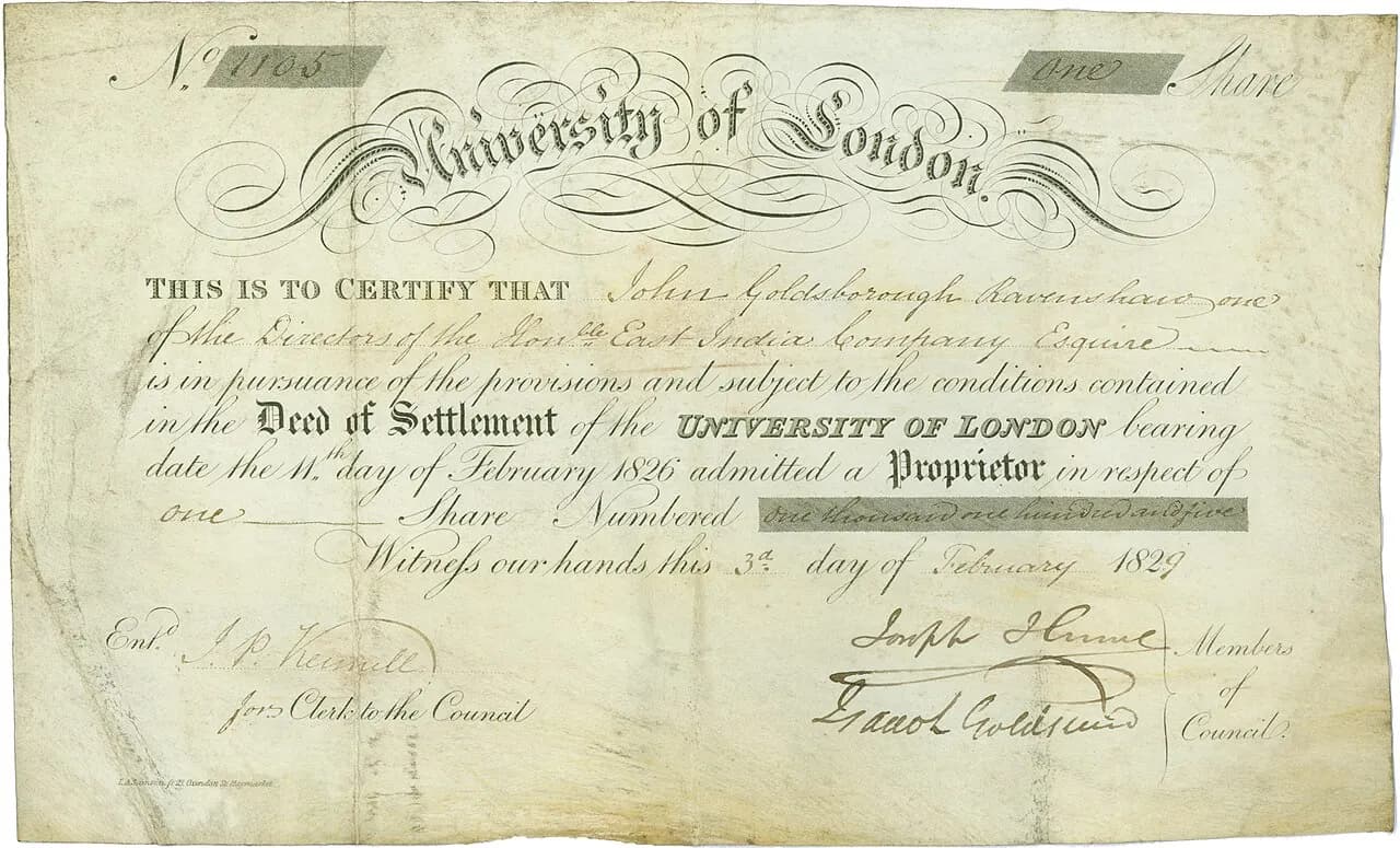 Aktie der University of London vom 3. Februar 1829