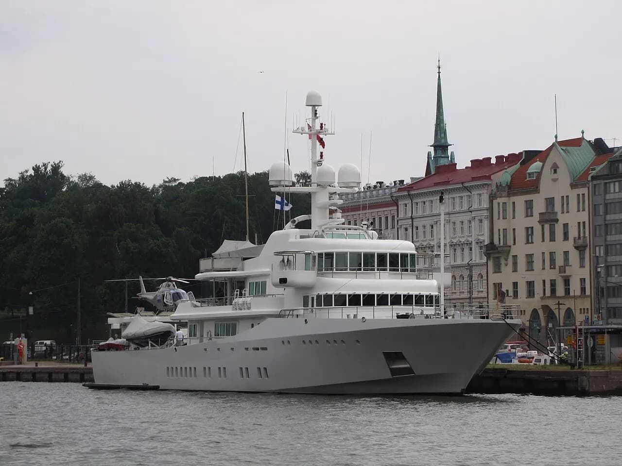 Luxury yacht Senses in Helsinki South Harbour. AgustaWestland AW119 helicopter ZK-ISR on the stern helipad.