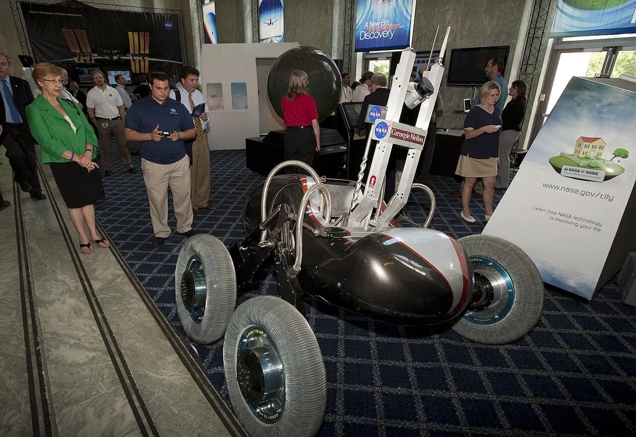 Pictured is Scarab, a new generation lunar rover designed to assist astronauts take rock and mineral samples and explore the lunar surface.