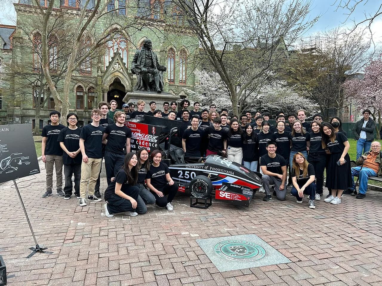 Penn Electric Racing unveiled REV8 on March 31, 2023, in front of the Benjamin Franklin statue at the University of Pennsylvania