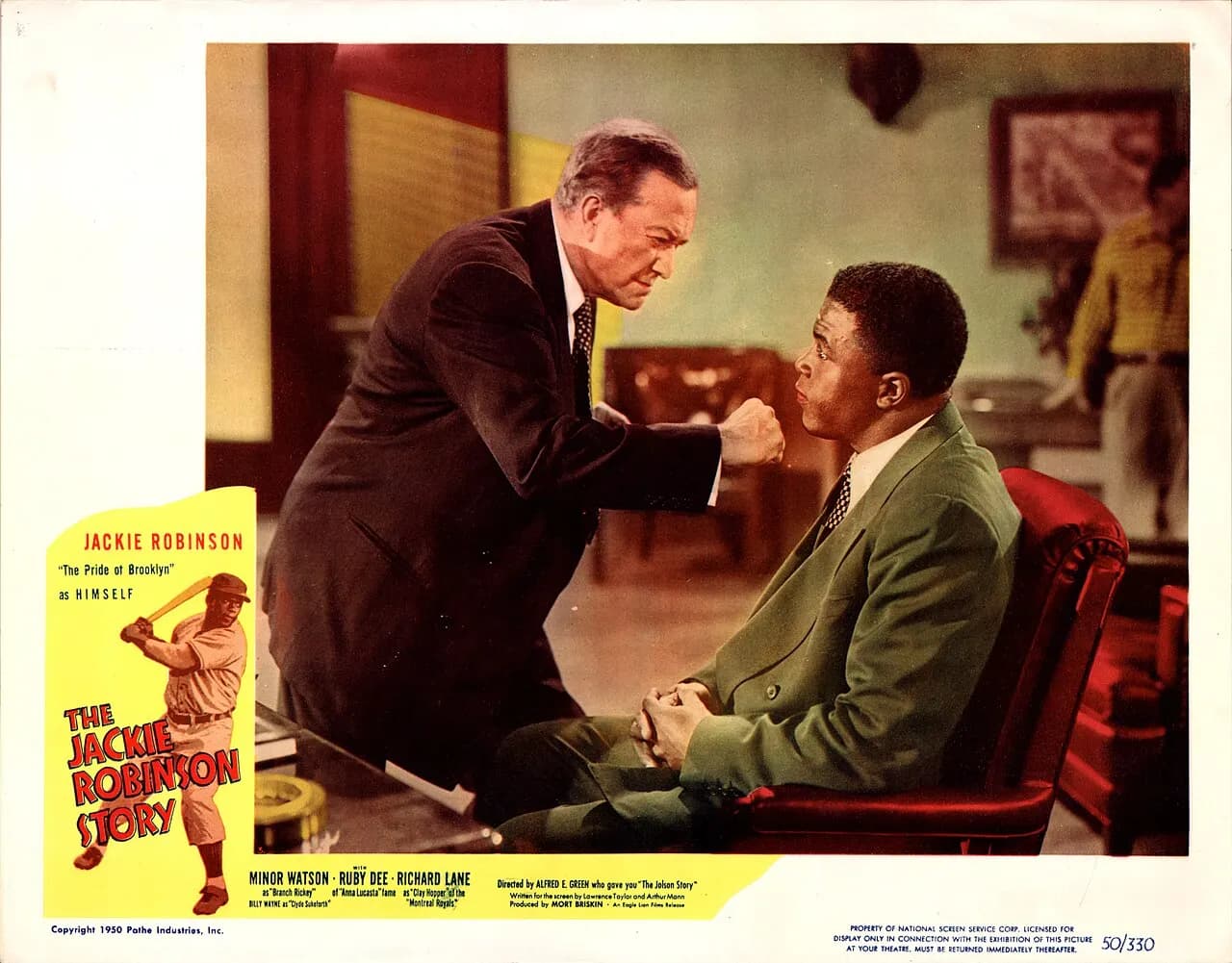 Lobby card promoting The Jackie Robinson Story, showing Minor Watson (as Dodgers president Branch Rickey) and Jackie Robinson (as himself)]