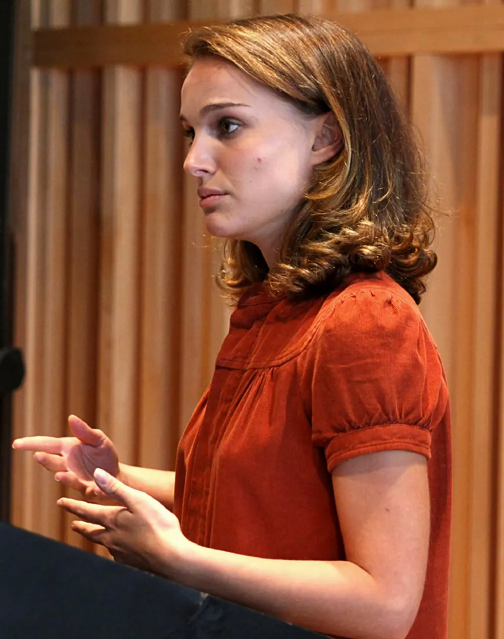 Actress and social activist Natalie Portman at Columbia University discussing her work and role with global microfinance organization FINCA International.
