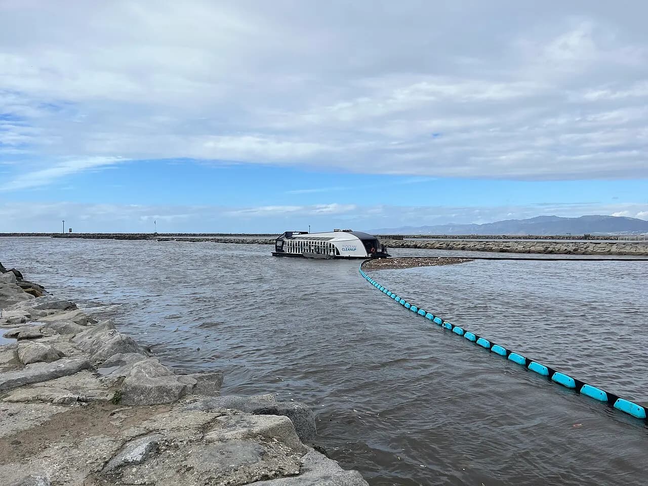 The Ocean Cleanup's Interceptor Original at the mouth of Ballona Creek, looking northwest