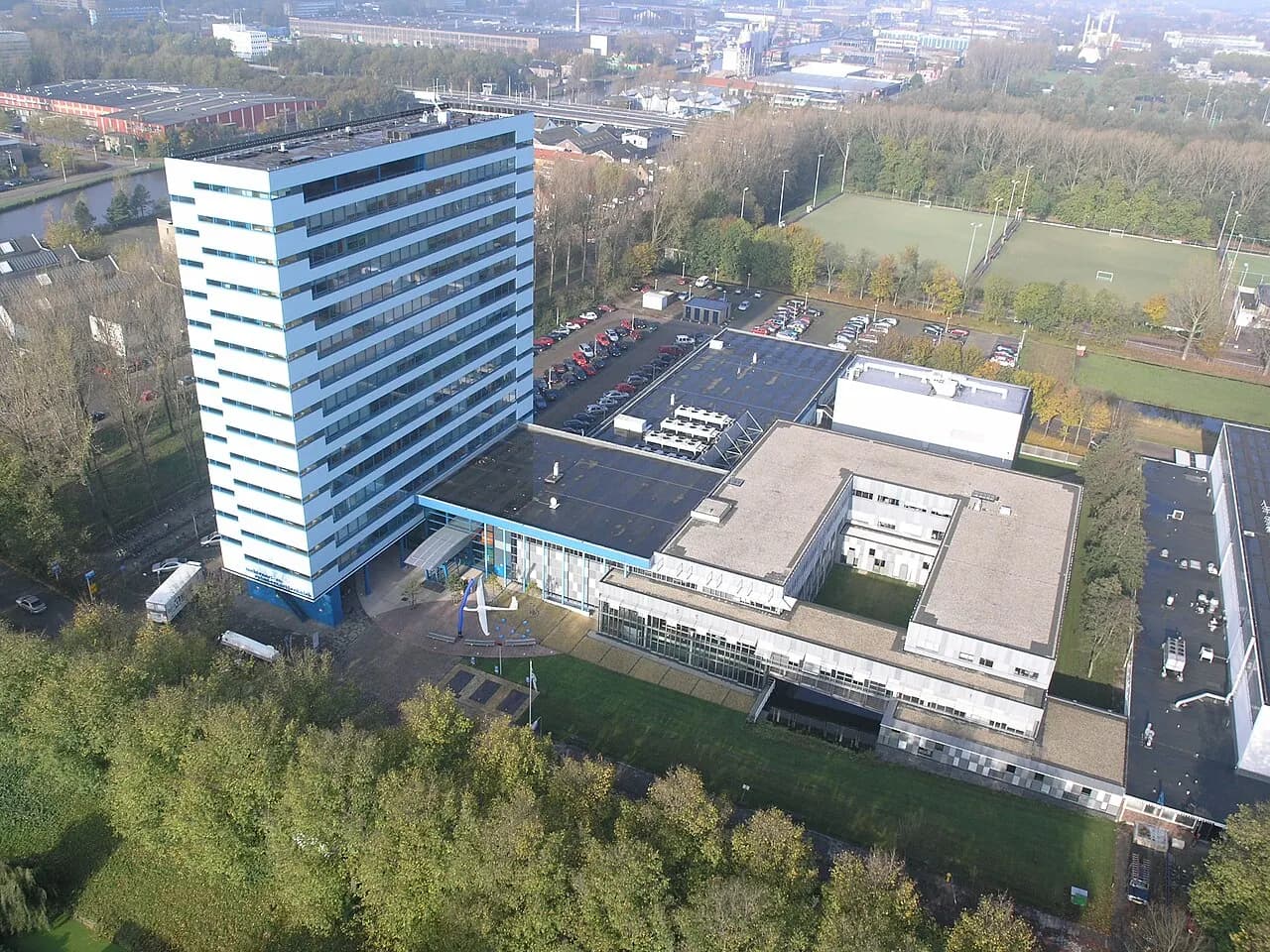 The Faculty of Aerospace Engineering of the Delft University of Technology viewed from the sky.